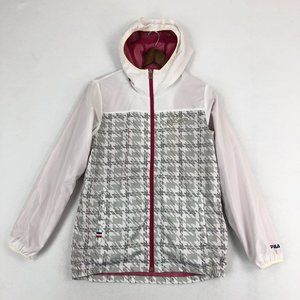 FILA Women's Size L** White Grey Pink Houndstooth Full Zip Long Sleeve Jacket